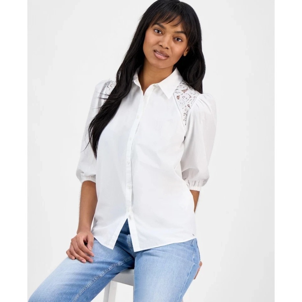 BOSS Orange Women's 3/4-Sleeve Button-Up Cotton Lace Brenda Blouse White XS $138